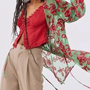 Urban Outfitters, Fiona Burnout Robe, NWT (Burgundy + Green)